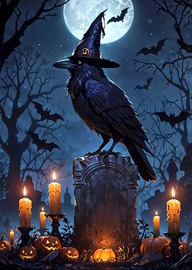 Halloween Raven Witch on Tombstone