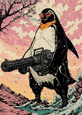 Armed Penguin with Sunglasses Cherry Blossom Sakura Japanese Traditional Art