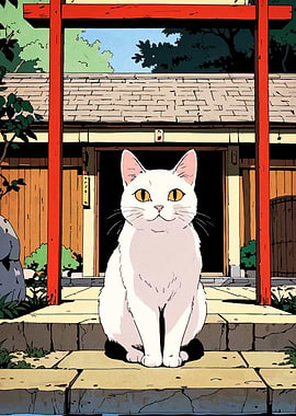 White Cat at Japanese Shrine Entrance