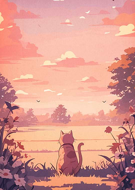 Cat Gazing at Sunset Landscape