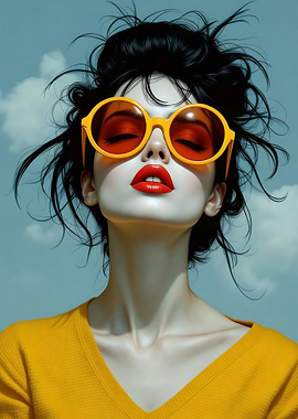 Woman with Yellow Sunglasses and Red Lips