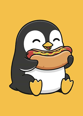Cartoon Penguin Eating a Hotdog