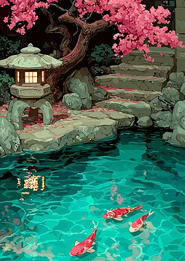 Japanese Garden with Koi and Lantern