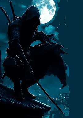 Ninja on Rooftop Under Moonlight