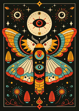 Mystical Mid Century Modern Evil Eye Moth Illustration