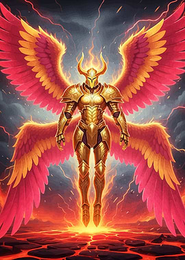 Golden Armored Angel Fiery Wings