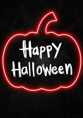 Red Neon Pumpkin – Happy Halloween Wall Art