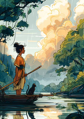 Japanese Woman and Cat in Boat Illustration