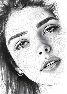 Monochrome Portrait of face of a beautiful young woman with Abstract Lines