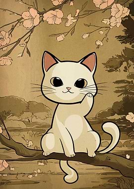 Cute Cat on Branch with Flowers