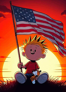 Calvin and Hobbes with American Flag
