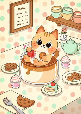 Cute Cat Dessert Cafe Illustration