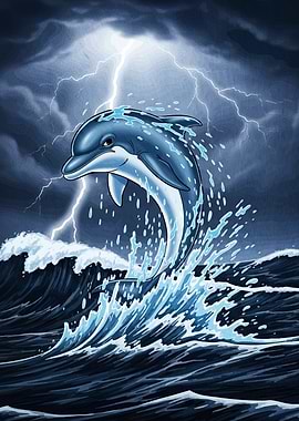 Dolphin leaping stormy ocean