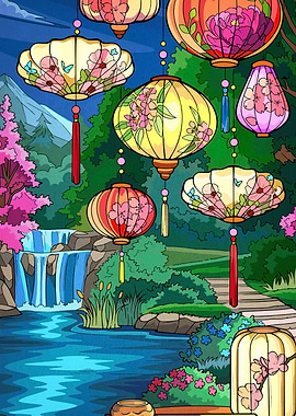 Colorful Lanterns in a Serene Landscape