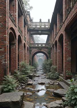 Red Brick Architecture with Water Feature