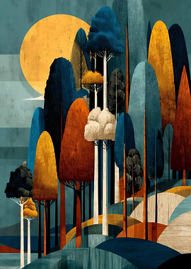 Abstract Forest Landscape with Moon
