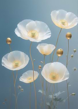 Elegant White Poppies on Blue Background