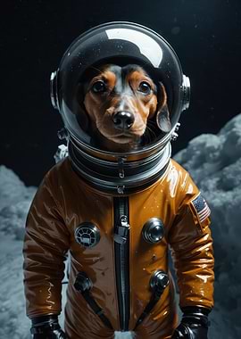 Dachshund Astronaut Portrait — Realistic Cinematic Space Dog in Orange Suit
