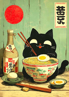Black Cat Enjoying Ramen Illustration