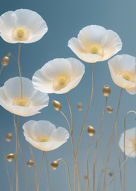 White Poppies on Blue Background