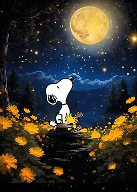 Snoopy and Woodstock under the moon