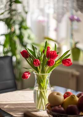 Red Tulips in Vase with Fruit