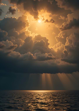 Golden Sunlight Through Clouds Over Ocean