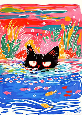 Black Cat Swimming in Colorful Water
