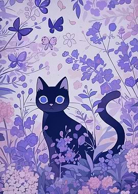 Black Cat in Lavender Garden