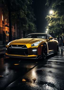 Golden Nissan GT-R in rain