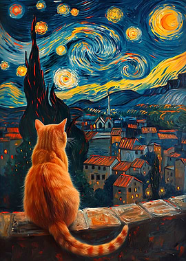 Cat gazing at Starry Night painting