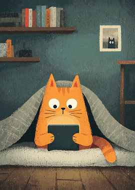 Cat Reading Under Blanket Illustration