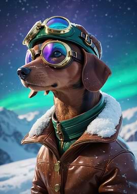 Dachshund Aviator Under the Northern Lights