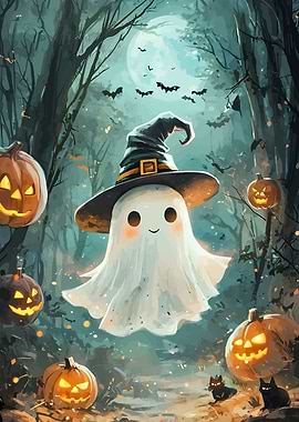 Cute Halloween Ghost in Forest