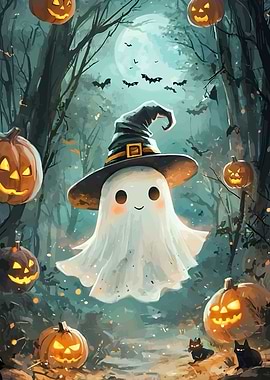 Cute Halloween Ghost in Forest