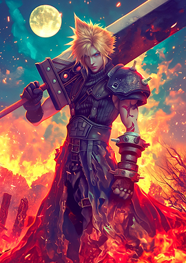 Cloud Strife in Fiery Landscape