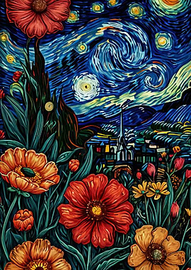 Floral Starry Night Inspired Painting