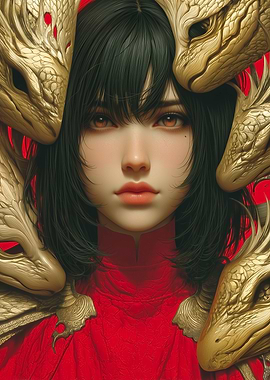 Woman Surrounded by Golden Dragon Heads