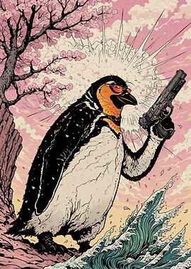 Armed Penguin with Gun Pistol Cherry Blossoms Sakura Japanese Traditional Art