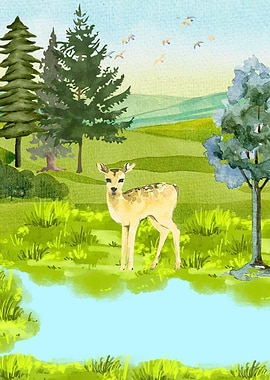 Watercolor Deer in a Green Landscape