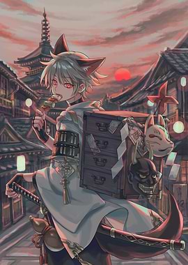 Anime Fox Boy in Japanese Town