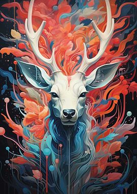 Abstract Deer Portrait with Floral Elements