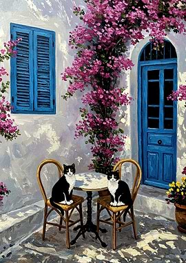 Cats in a Greek Courtyard Painting