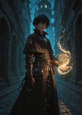 Steampunk Mage in Dark Alleyway