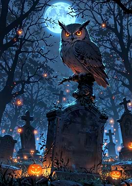 Owl Perched on Tombstone in Graveyard