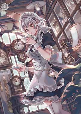 Anime Maid with Bird and Clocks
