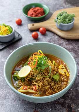 Bowl of Noodle Soup with Vegetables