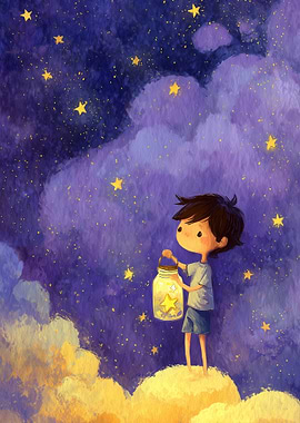 Boy with Star Jar in Dreamy Sky