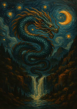 Dragon and Waterfall Night Painting