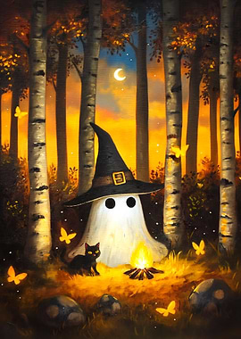 Halloween Ghost with Witch Hat Painting